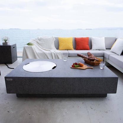 Metropolis Outdoor Fire Pit 56 In. X 32 In. Rectangular Concrete Propane Fire Table with Lava Rocks and Cover
