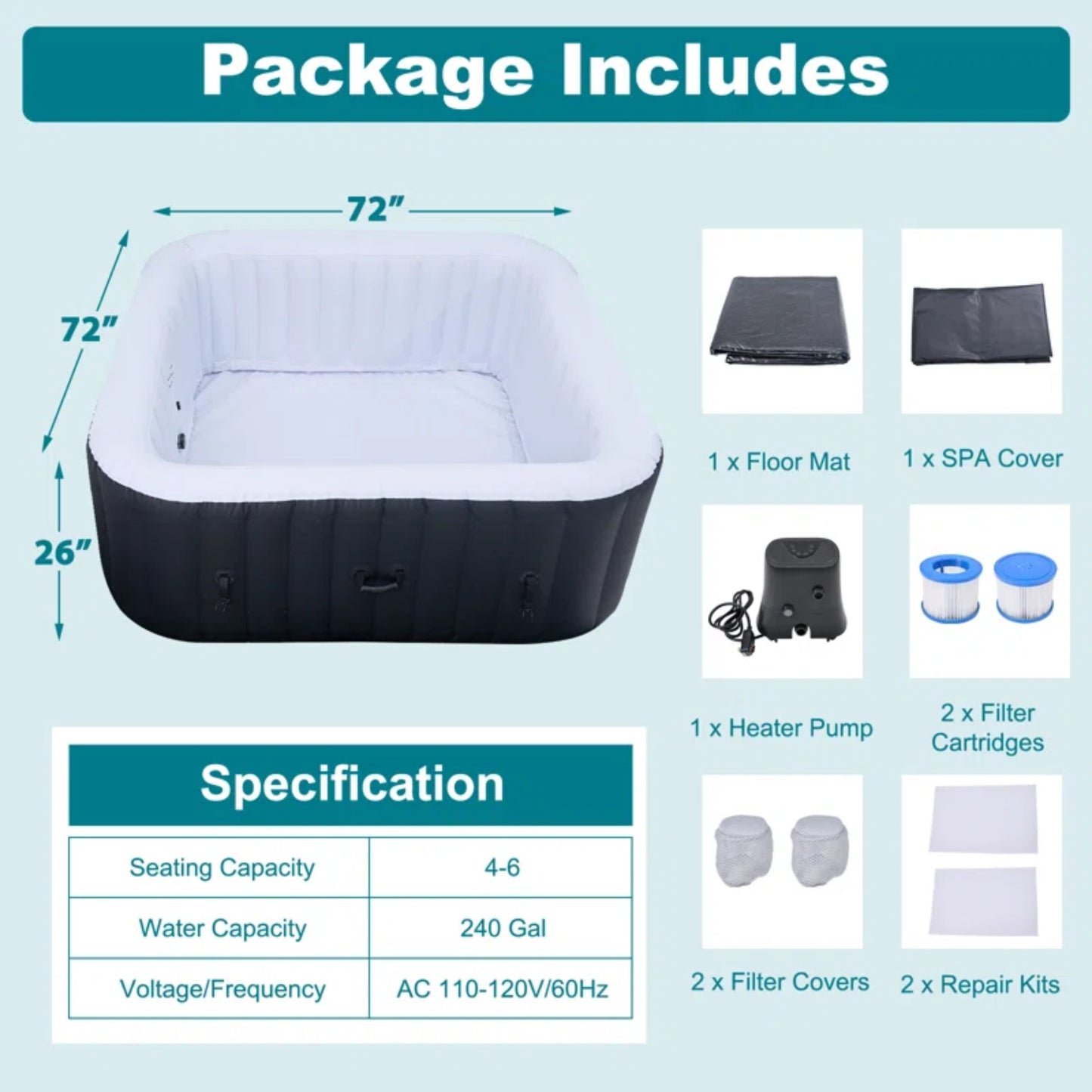 CQYG Portable Inflatable Hot Tub – 2–6 Person Outdoor Spa with Bubble Jets & Heater Pump